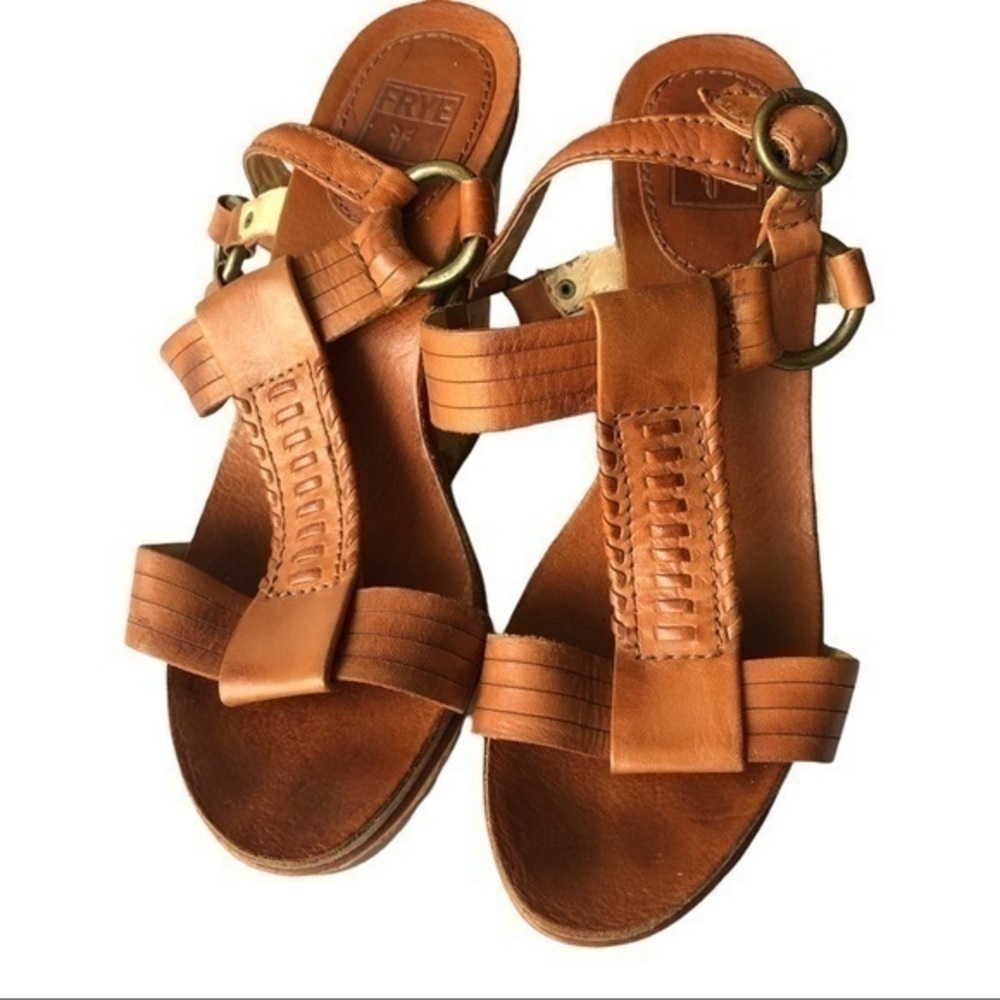 Frye Brown Leather Braylin Artisanal T Strap Cork Wedge Sandals Size 7M - Picture 8 of 9